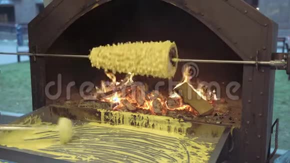在明火上烤的圣诞香肠立陶宛传统馅饼视频的预览图