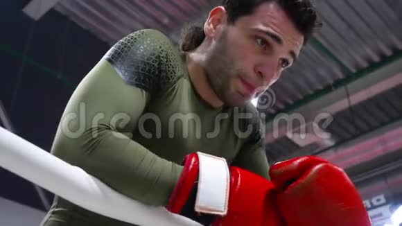 职业拳击手的画像在休息时放在拳台上视频的预览图