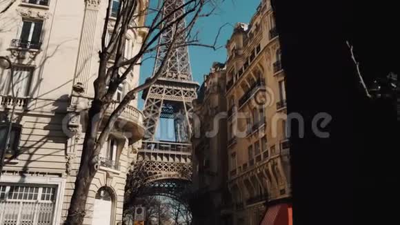 摄像机就在树木后面沿着公寓楼放映史诗般的埃菲尔铁塔在阳光明媚的秋天早晨巴黎视频的预览图