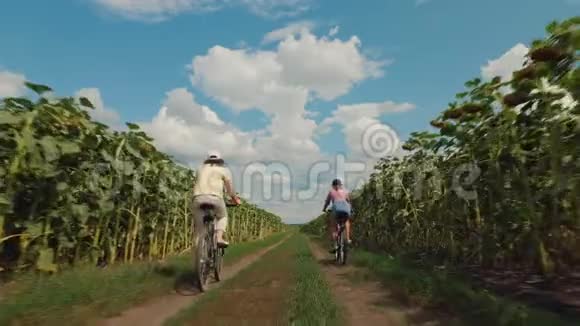 妈妈和女儿骑自行车沿着乡间小路视频的预览图