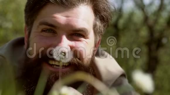 胡子男人吹蒲公英近距离派对与大自然和蒲公英坐在地上的帅哥视频的预览图