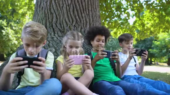 多种族儿童公司在公园树下玩小玩意视频的预览图