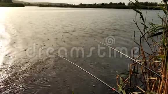 日落时在雨中钓鱼雨水在水面上留下圆圈视频的预览图