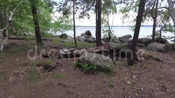 落在湖上的树干在岩石和树木之间视频的预览图