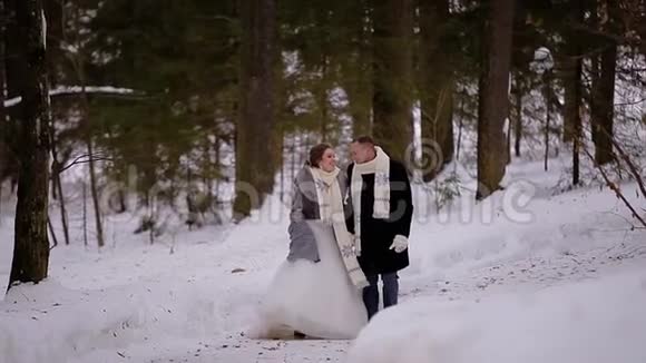 两个情人在同一条围巾穿过冬林他们交流和微笑很有趣他们相爱视频的预览图