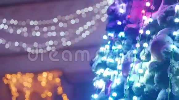 在下雪的冬夜城市广场上有发光的花环和装饰的大型圣诞树与博克的特写视频的预览图