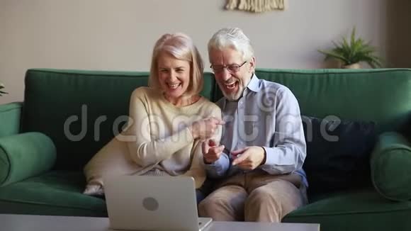 幸福的老夫妇笑着说在做电视游戏看着笔记本电脑视频的预览图