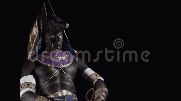 阿努比斯穿着古埃及的衣服坐在一个黑暗的房间里视频的预览图