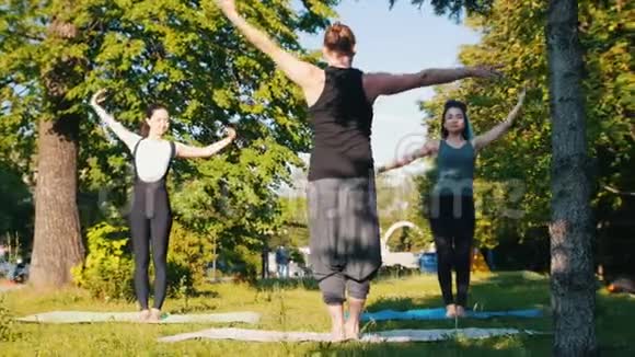 两个年轻的女人在公园里和她们的教练一起做瑜伽举起双手把它固定在后面视频的预览图