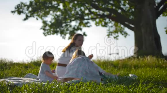 妈妈和她的两个小女儿一起野餐视频的预览图
