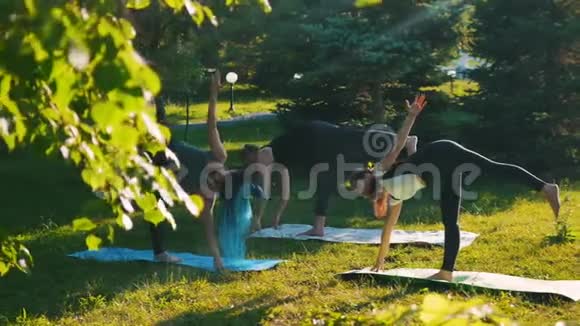 两个年轻的女人在公园里和她们的教练一起做瑜伽弯下腰在地上视频的预览图