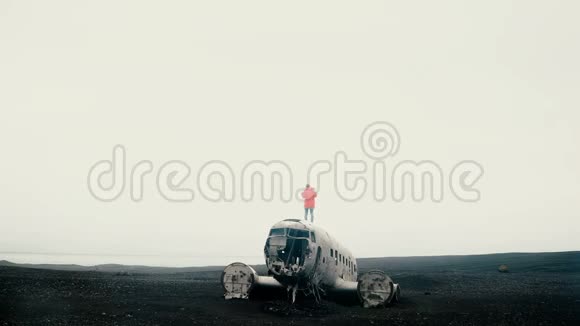 年轻的旅行妇女站在冰岛坠毁的DC3飞机的顶部在刮风的日子脱下粉红色的夹克视频的预览图