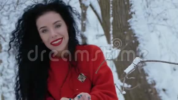 穿着红色毛衣吹雪的女人视频的预览图