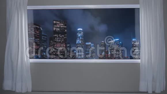 从房间窗户观看未来派摩天大楼在黑暗的城市夜间照明夜间景观照明摩天大楼视频的预览图