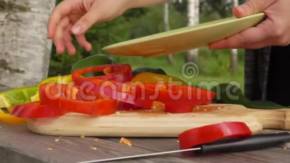 女人的手把切好的辣椒放在盘子里视频的预览图