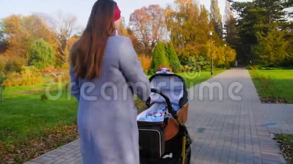 秋天公园里年轻的妈妈带着孩子在婴儿车里散步母性概念中弹视频的预览图