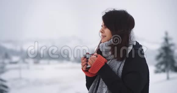 两个朋友在冬天一起旅行他们来到了美丽的雪林中带着一些视频的预览图