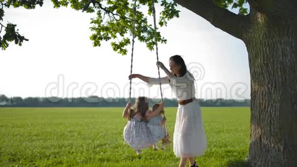 母亲用一根绑在老橡树上的木绳秋千摇着女儿视频的预览图