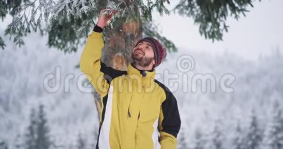 一位热情的游客在山上的一棵雪树下玩树枝享受这一刻视频的预览图