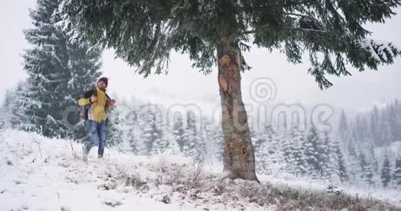 快乐的游客来到了一个神奇的地方他发现了一棵大雪树停下来欣赏所有的东西视频的预览图