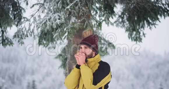 有魅力的游客在山上旅行他在大雪树下停了一会儿高兴地享受着这一刻视频的预览图