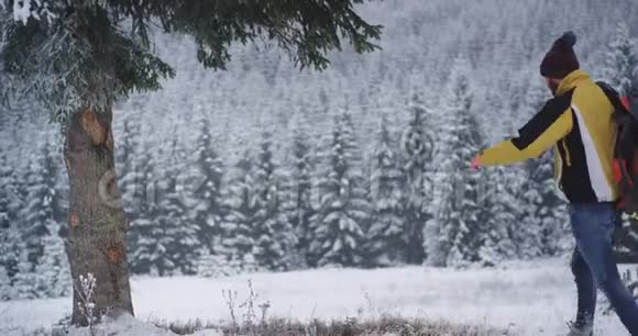 快乐的游客在冬天独自旅行他来到雪树下的一个令人惊奇的地方他把包放下然后视频的预览图