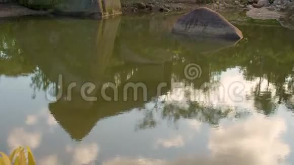 在一个池塘边缘的大型圣石上建造涡轮机视频的预览图