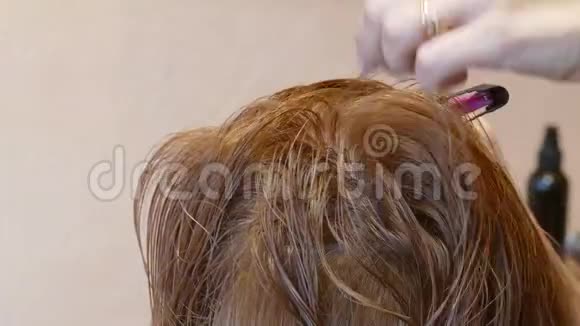 专业的理发师用吹风机烘干女性的头发视频的预览图
