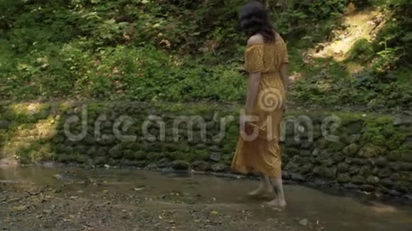 美丽的女人光着脚在小溪里散步视频的预览图
