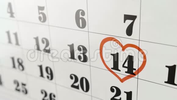 情人节在2月14日的日历日用红色标记吸引心脏慢镜头关门视频的预览图