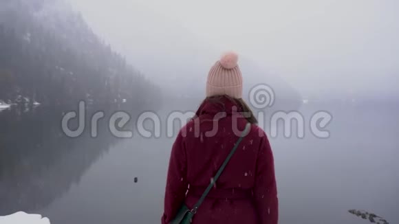 女人看着阿布哈兹里萨湖露出拇指冬天的雪天视频的预览图
