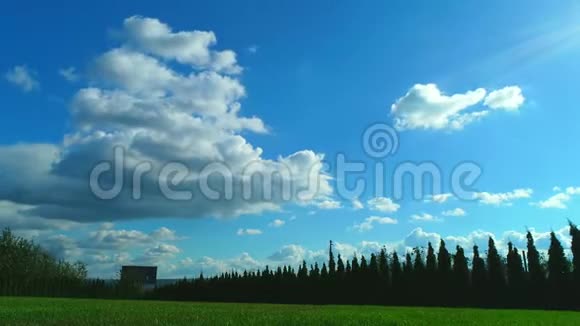 风吹在草地上在奇妙的白云下穿过夏天的蓝天4K视频的预览图
