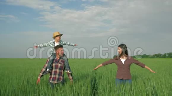 幸福的家庭在田野里微笑的男孩子在肩膀上女孩子在绿谷地散步视频的预览图