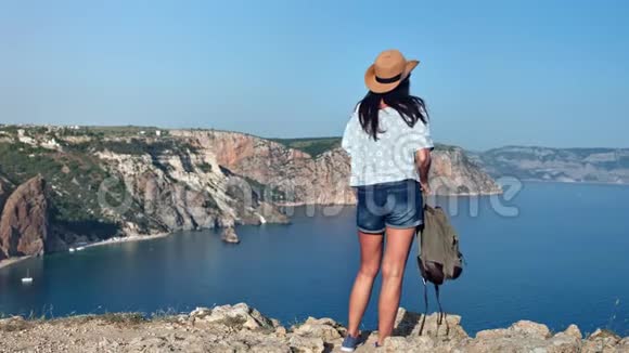 后景成功的背包客旅行妇女欣赏令人惊叹的群山环绕的海景视频的预览图