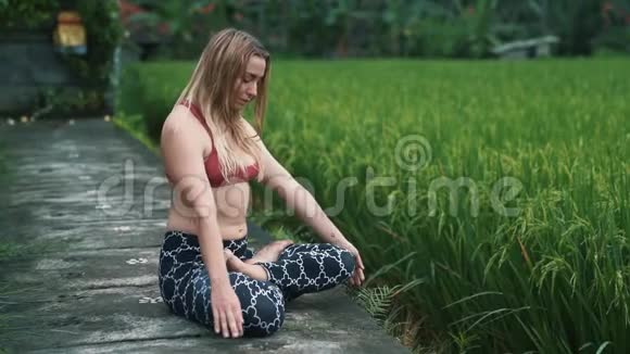 年轻女性在户外做瑜伽运动和伸展运动背景是绿色植物视频的预览图