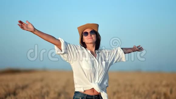 快乐旅行女性白色衬衫举手享受自由被麦田包围视频的预览图
