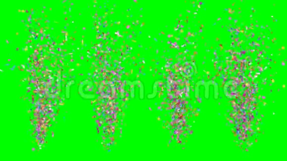 五颜六色的节日纸屑爆炸落在绿色的背景上视频的预览图