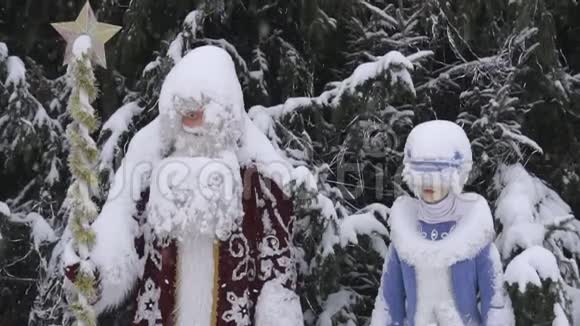 圣诞老人和白雪公主靠近圣诞树特写装饰慢动作视频的预览图