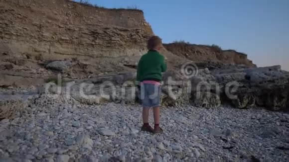 小男孩爬上海边的岩石小男孩追着狗视频的预览图