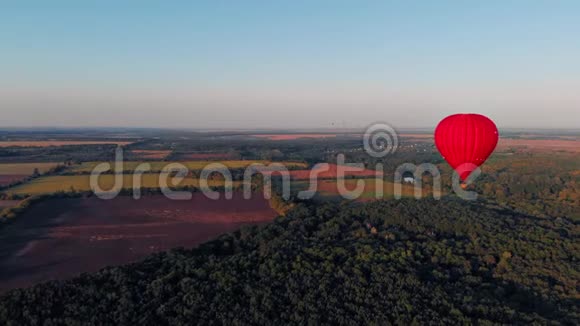 一个美丽的红色气球在傍晚飞过河流和城市视频的预览图