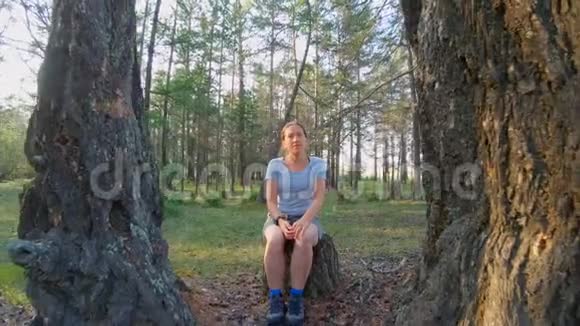 坐在树林里两棵大树之间的树桩上的女孩视频的预览图