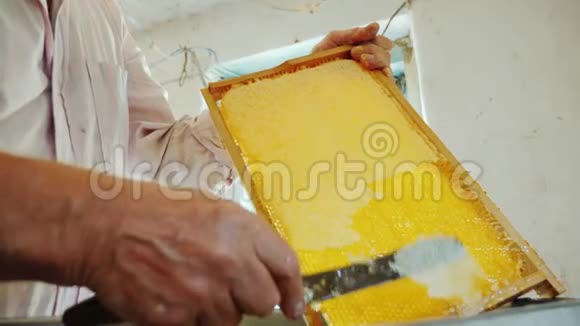 日记里的体力劳动男人用蜂蜜打开框架上的蜂窝视频的预览图
