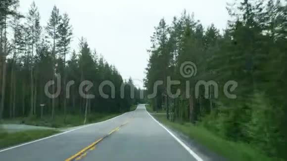 通过挪威常绿松林在农村公路道路上行驶的车辆视点视频的预览图