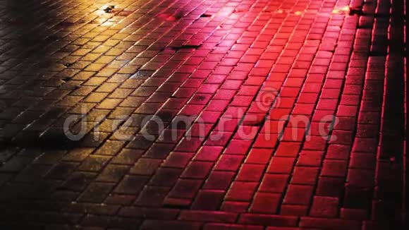 夜间人行道上彩灯反光鹅卵石般的霓虹灯视频的预览图