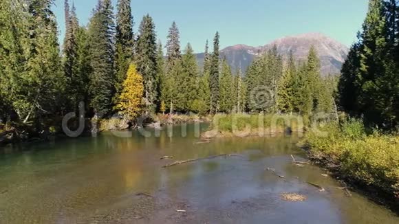山峰树木和平静的河流视频的预览图