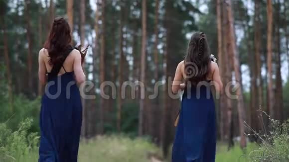 两个女竖琴演奏者沿着一条森林之路走开演奏竖琴视频的预览图