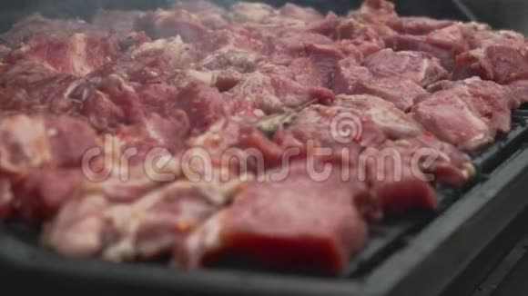 生猪肉牛肉是在烧烤架上煮熟的慢动作的带香料和香料的腌肉传统视频的预览图