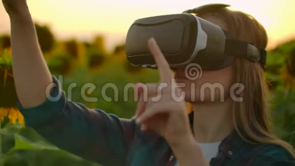 女孩在向日葵田上用VR眼镜视频的预览图