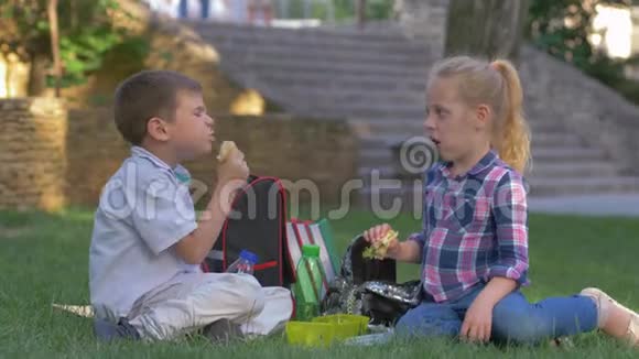 学生们在校园里坐在草地上吃三明治喝饮料视频的预览图