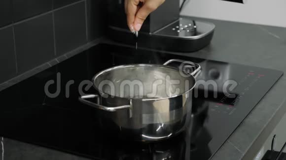 手指在水中加入盐关闭侧视烹饪过程女性在智能厨房的平底锅中加入开水中的香料筹备会议视频的预览图